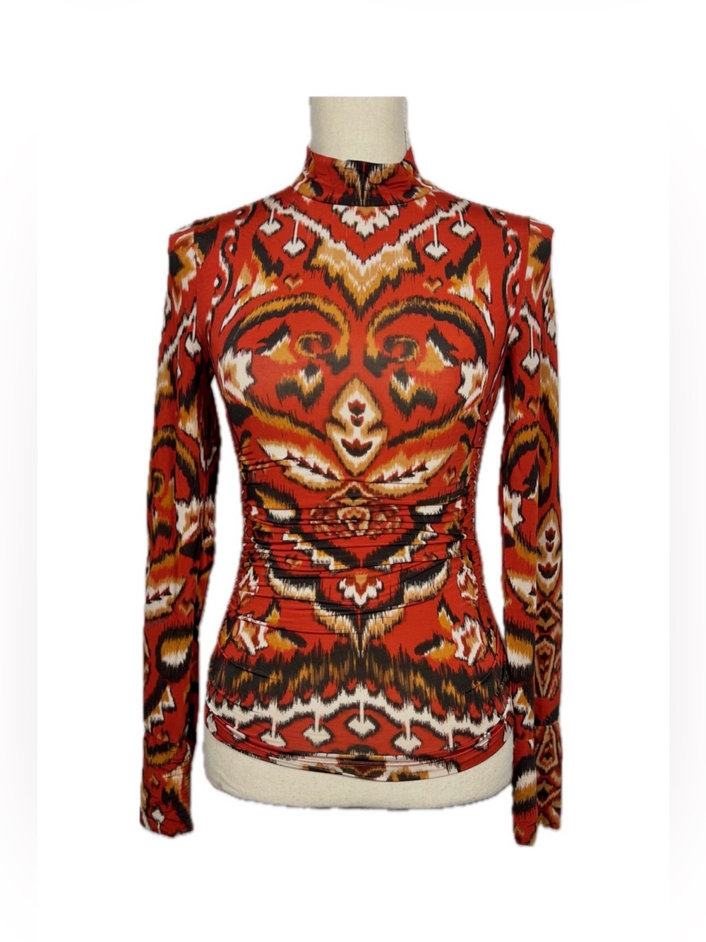 FARM Rio Burnt Orange Multi Print Sheer Ruched Top XS Boho